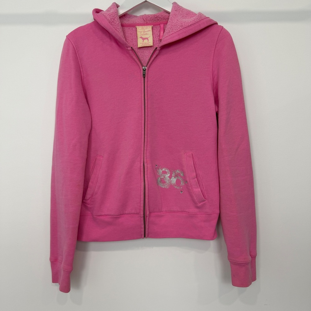 Vintage Victorias Secret PINK Zip Up Hoodie Pink Rhinestone 86 Large Y2K